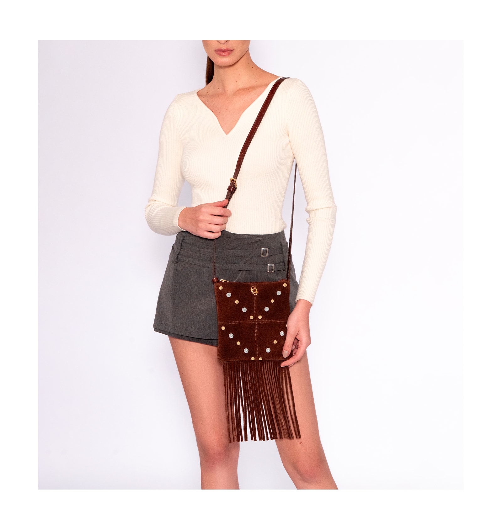 Bolsa Transversal Franjas Couro Camurça/Couro Marrom Escuro