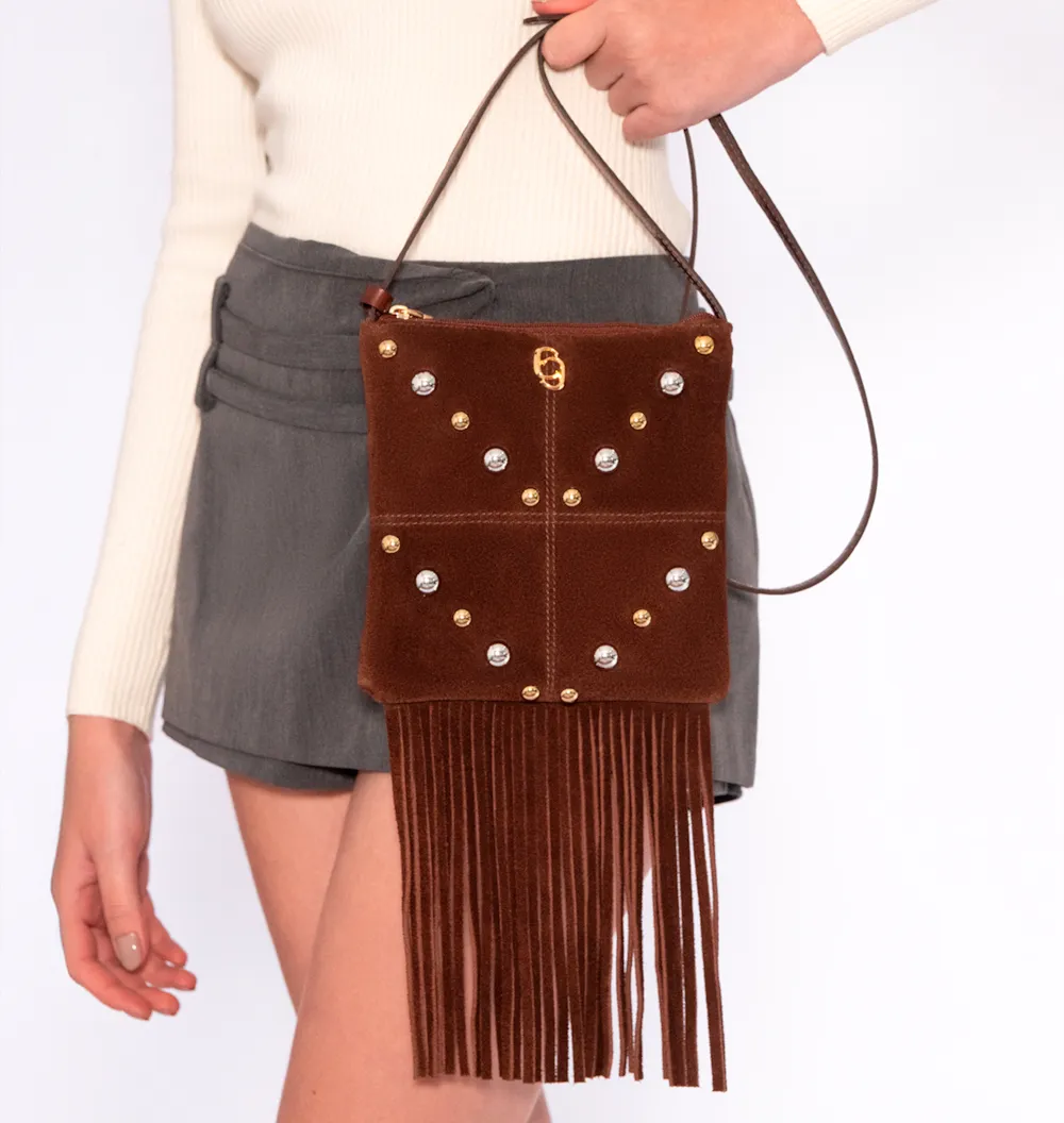 Bolsa Transversal Franjas Couro Camurça/Couro Marrom Escuro - imagem 2