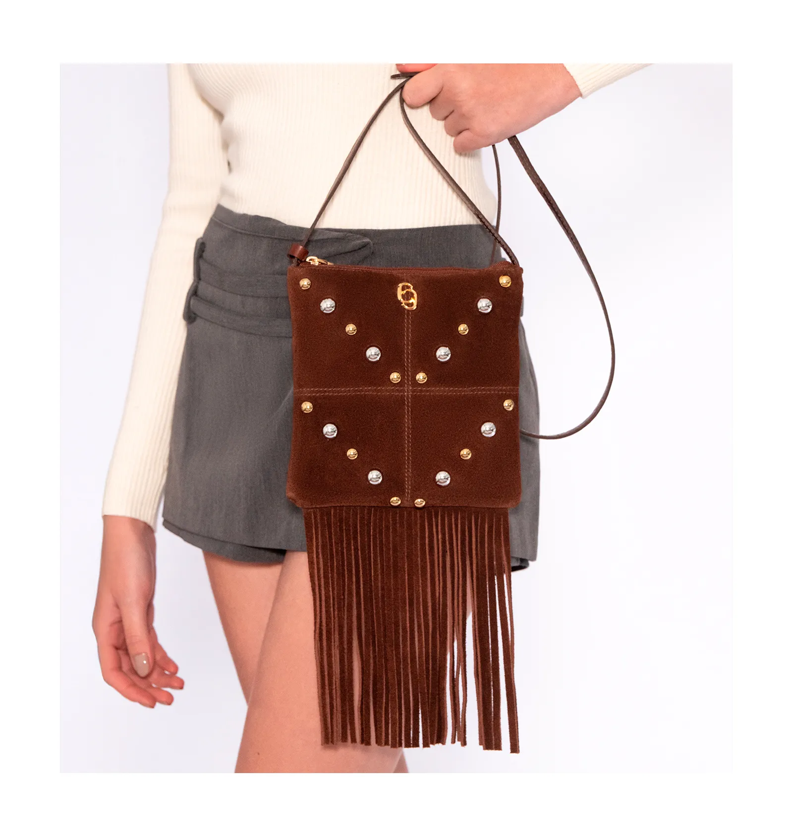Bolsa Transversal Franjas Couro Camurça/Couro Marrom Escuro