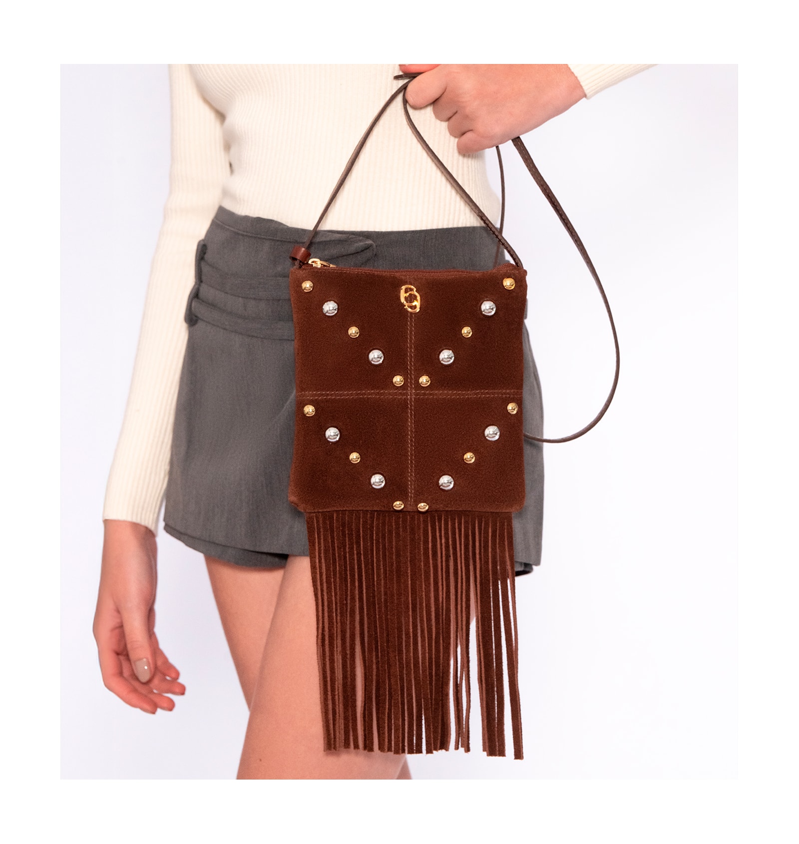 Bolsa Transversal Franjas Couro Camurça/Couro Marrom Escuro