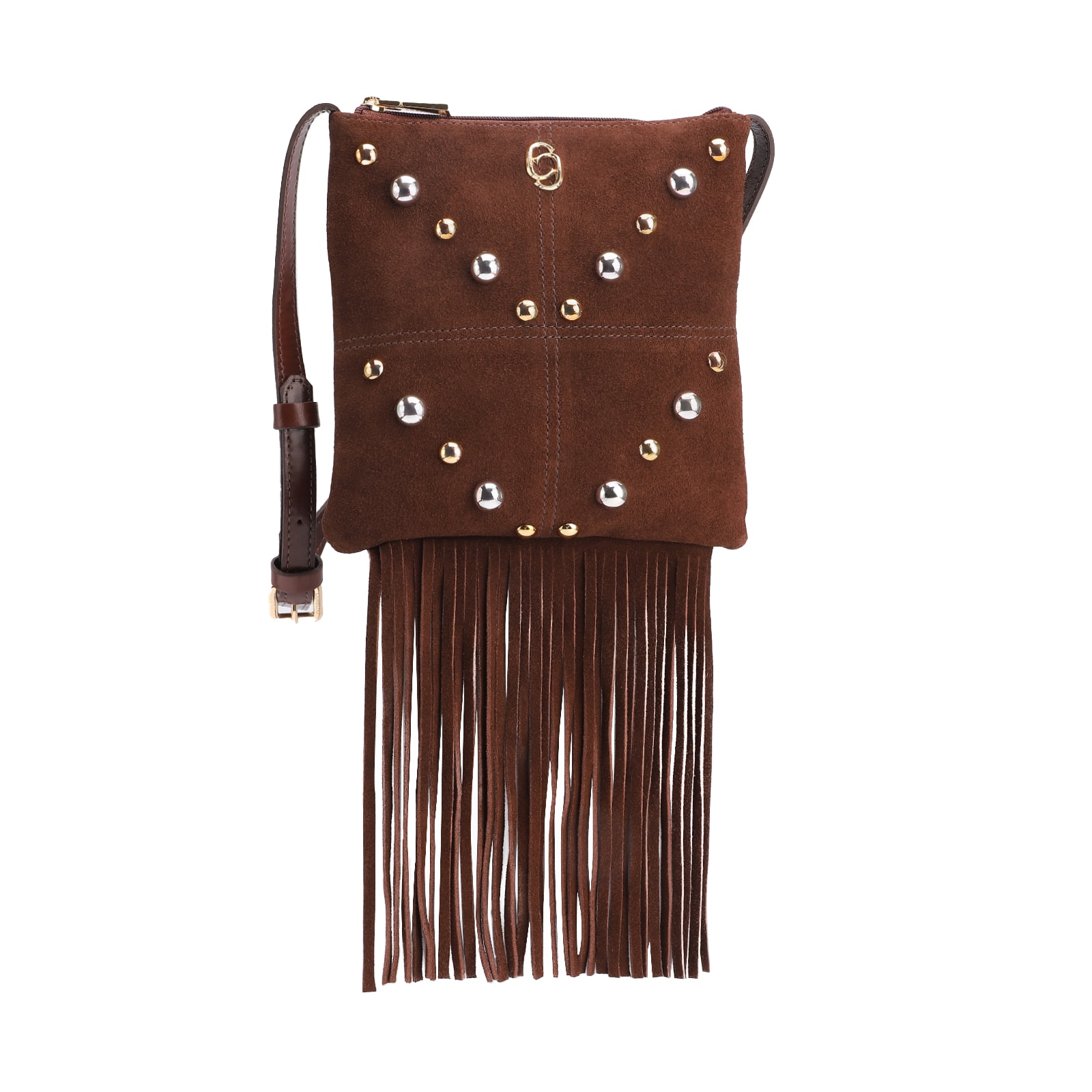 Bolsa Transversal Franjas Couro Camurça/Couro Marrom Escuro