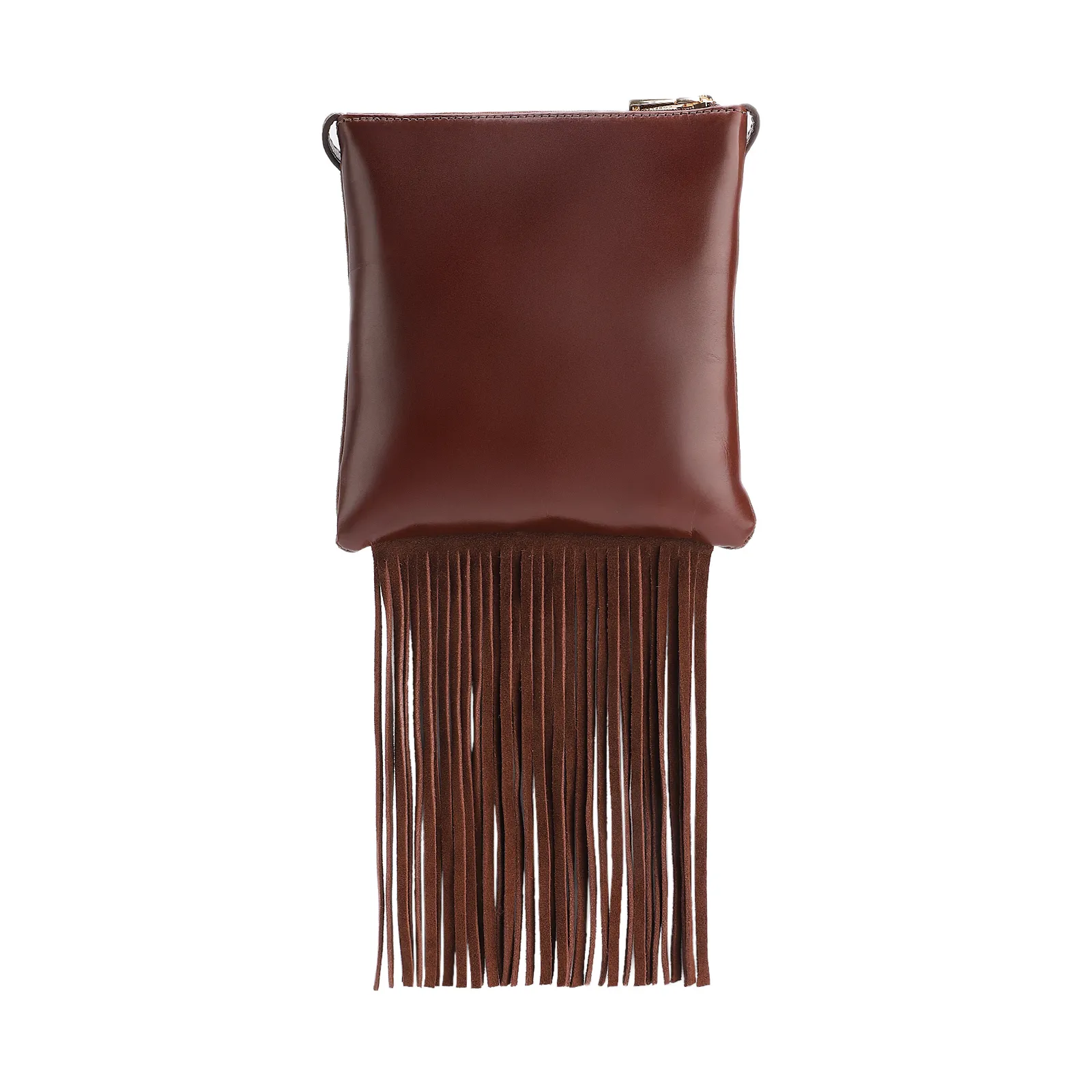 Bolsa Transversal Franjas Couro Camurça/Couro Marrom Escuro