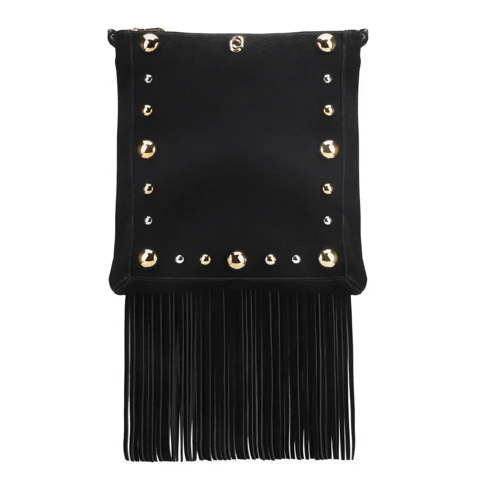 Bolsa Transversal Franjas Couro Camurça/Couro Preto