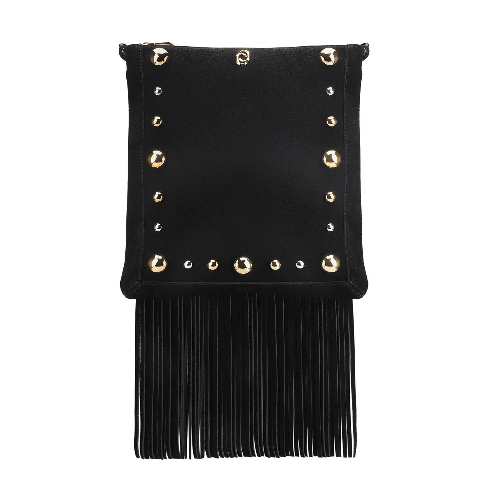 Bolsa Transversal Franjas Couro Camurça/Couro Preto