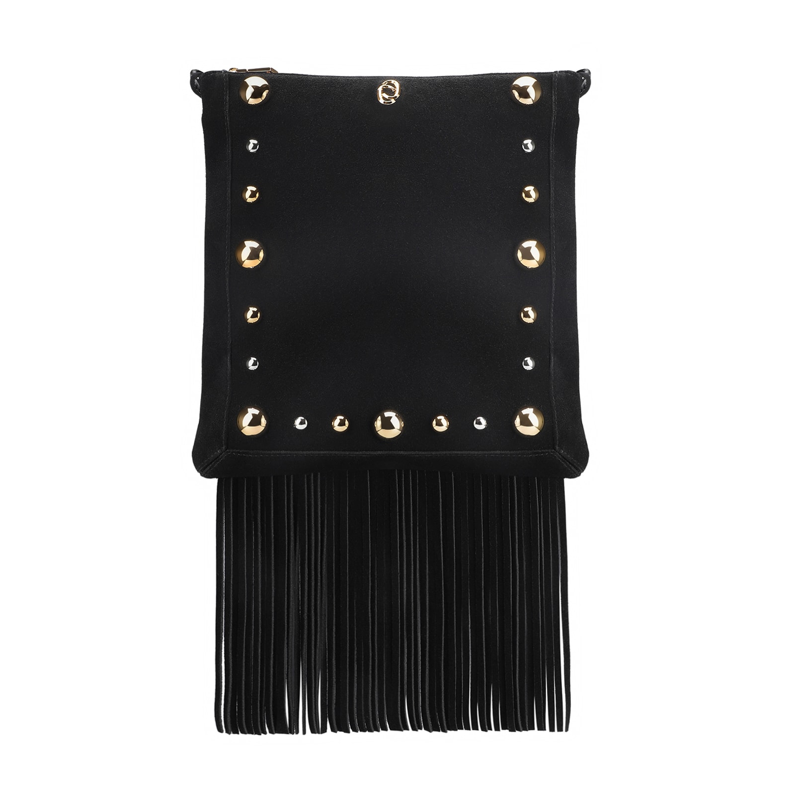 Bolsa Transversal Franjas Couro Camurça/Couro Preto