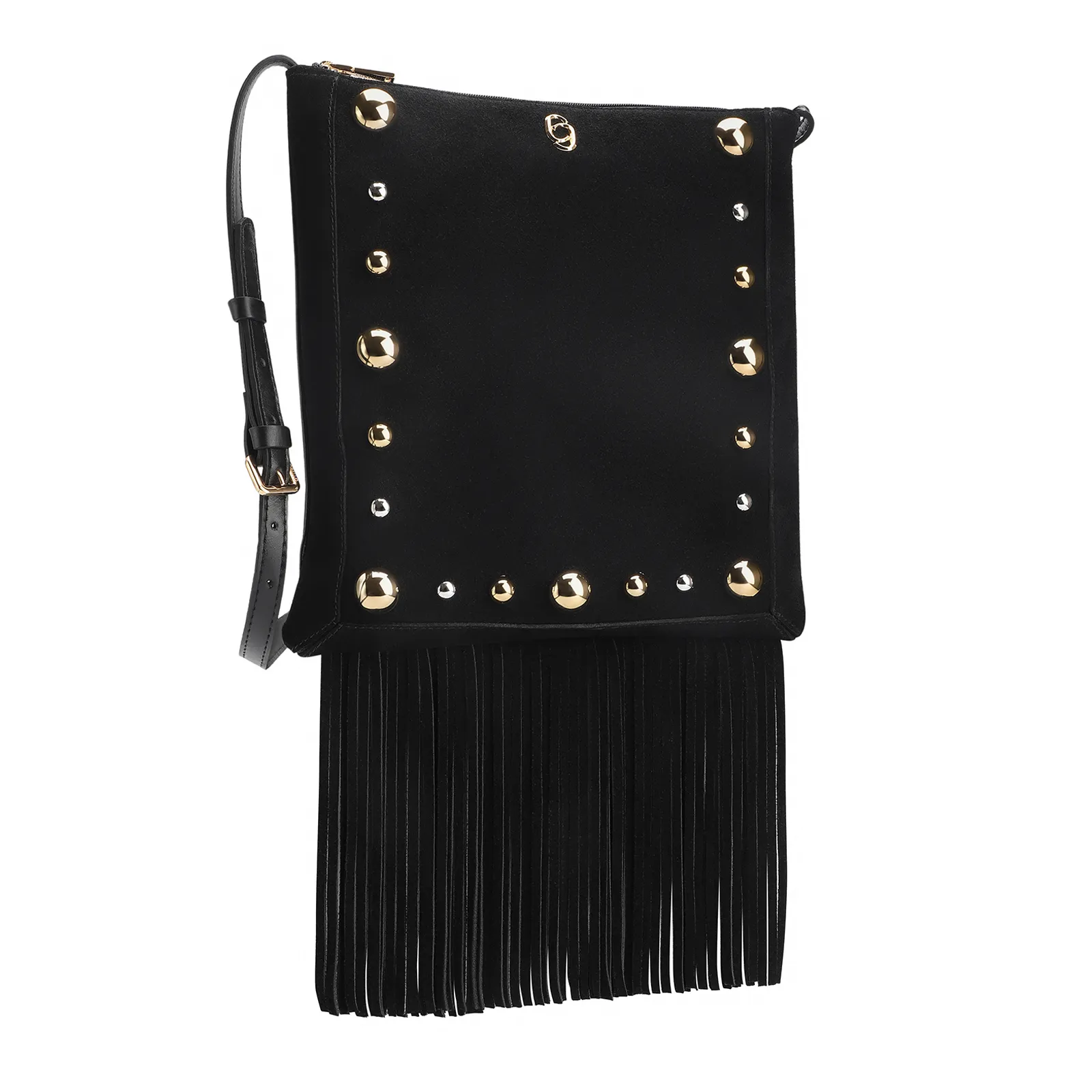 Bolsa Transversal Franjas Couro Camurça/Couro Preto
