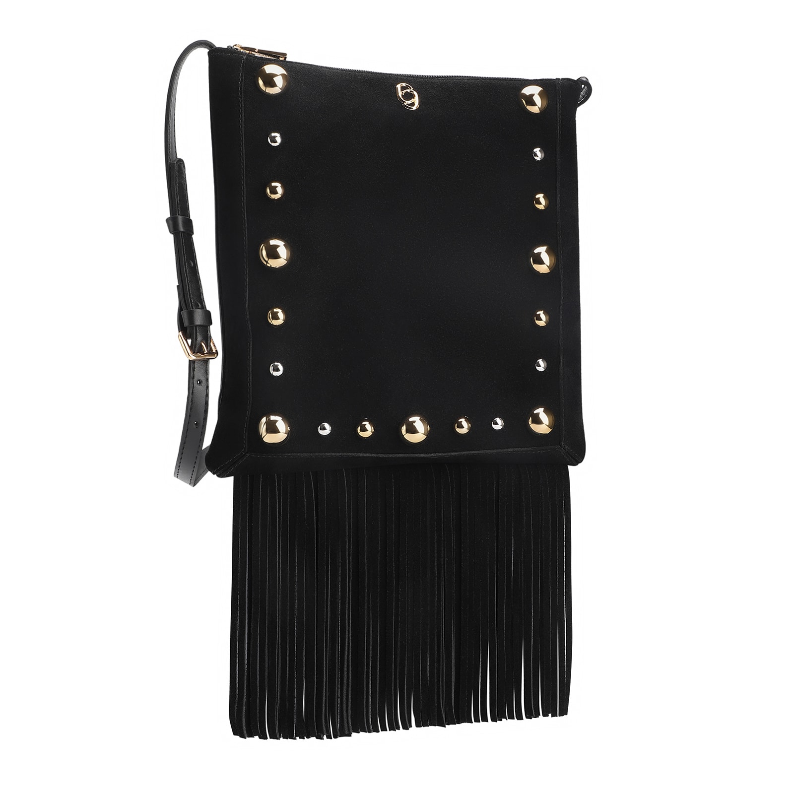 Bolsa Transversal Franjas Couro Camurça/Couro Preto