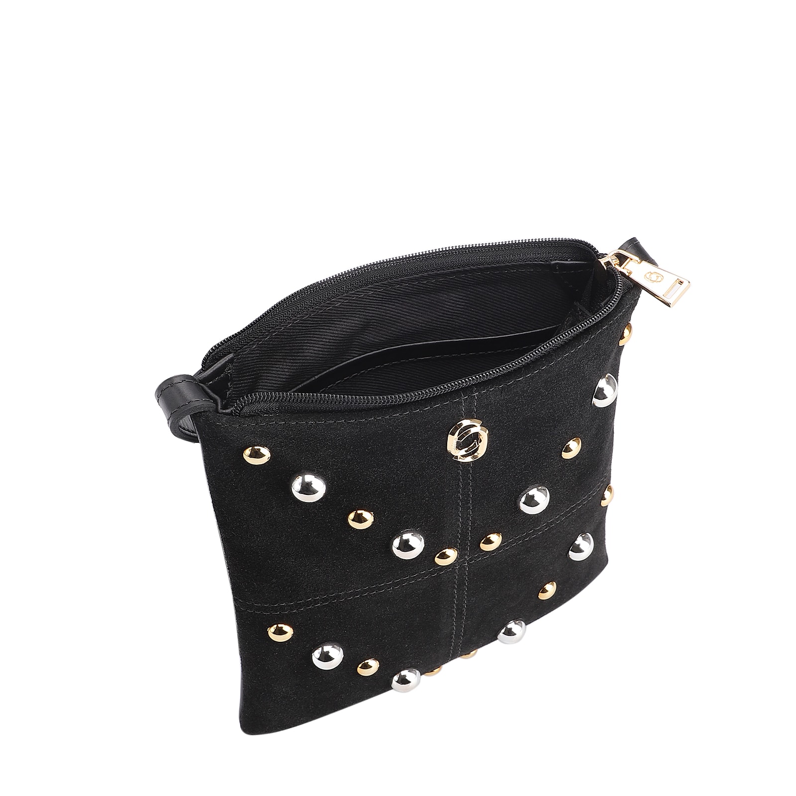 Bolsa Transversal Franjas Couro Camurça/Couro Preto