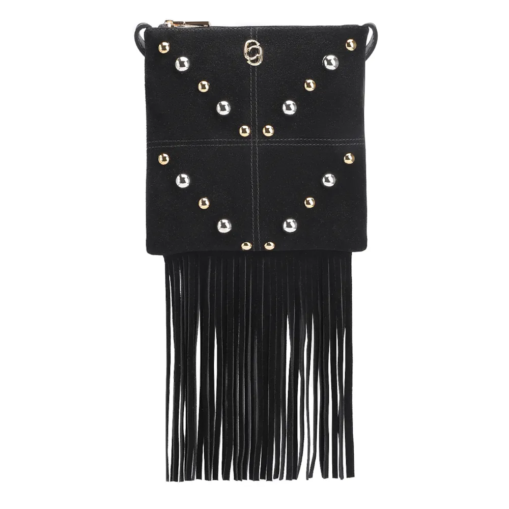 Bolsa Transversal Franjas Couro Camurça/Couro Preto