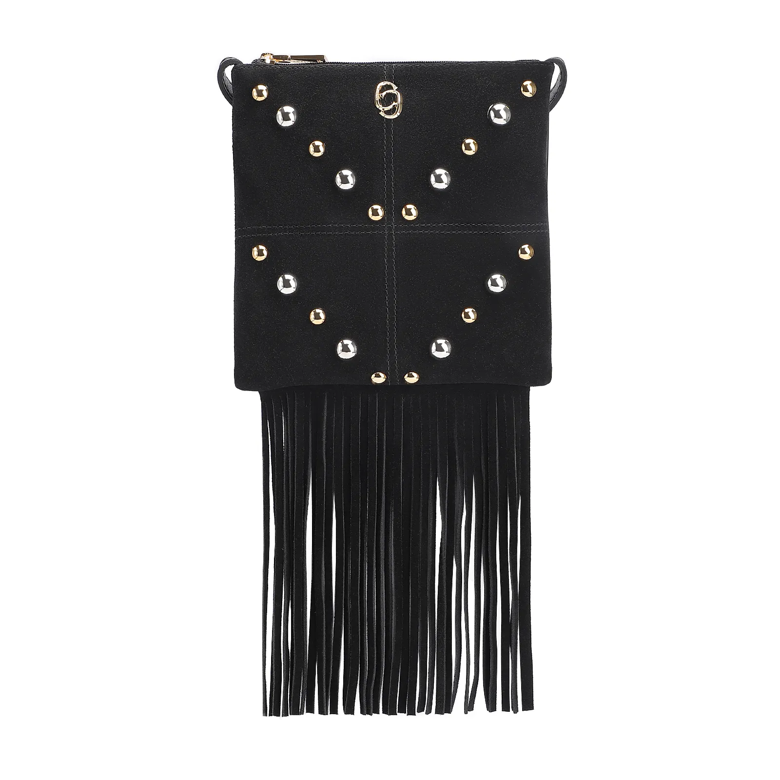 Bolsa Transversal Franjas Couro Camurça/Couro Preto