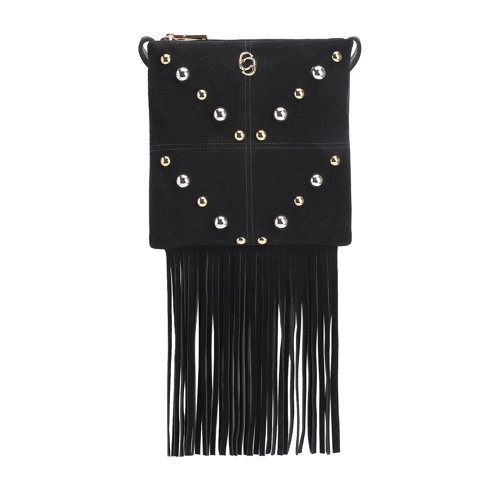Bolsa Transversal Franjas Couro Camurça/Couro Preto