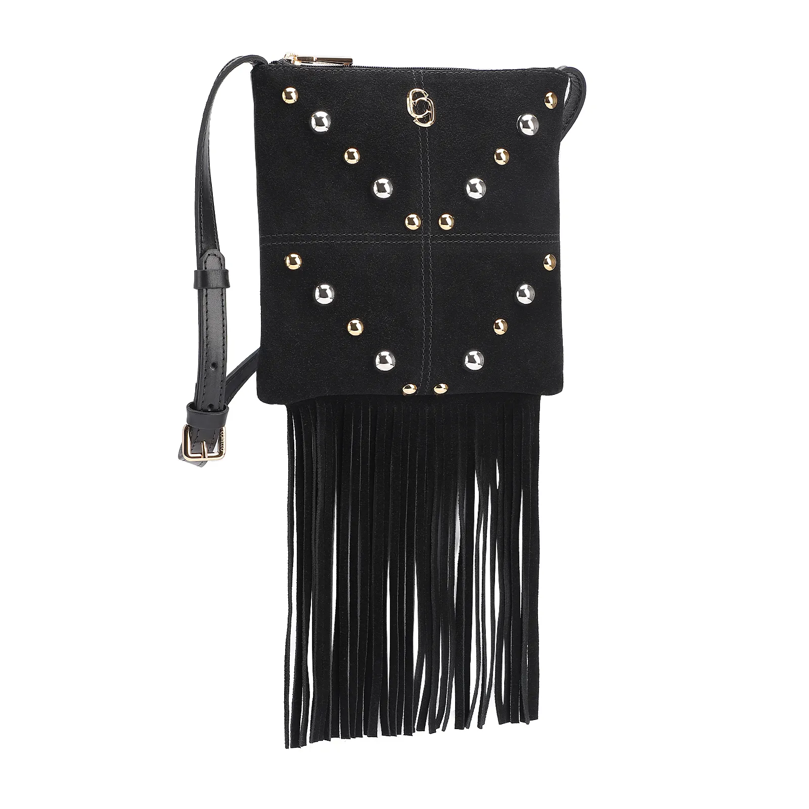 Bolsa Transversal Franjas Couro Camurça/Couro Preto