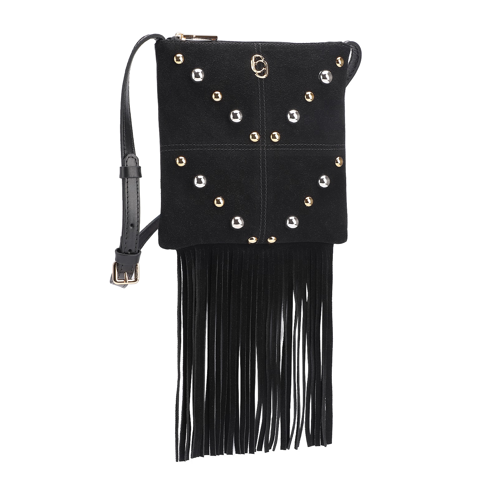 Bolsa Transversal Franjas Couro Camurça/Couro Preto