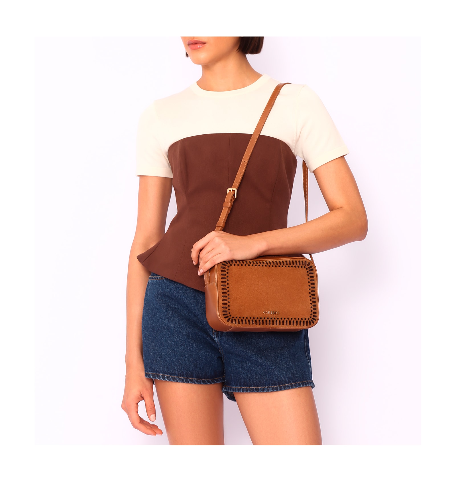 Bolsa Transversal Laser Cut Couro Camurça/Couro Marrom Claro