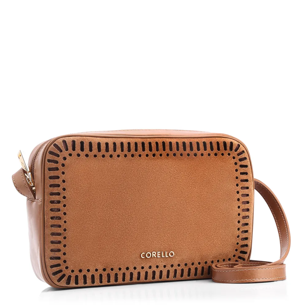 Bolsa Transversal Laser Cut Couro Camurça/Couro Marrom Claro - imagem 3