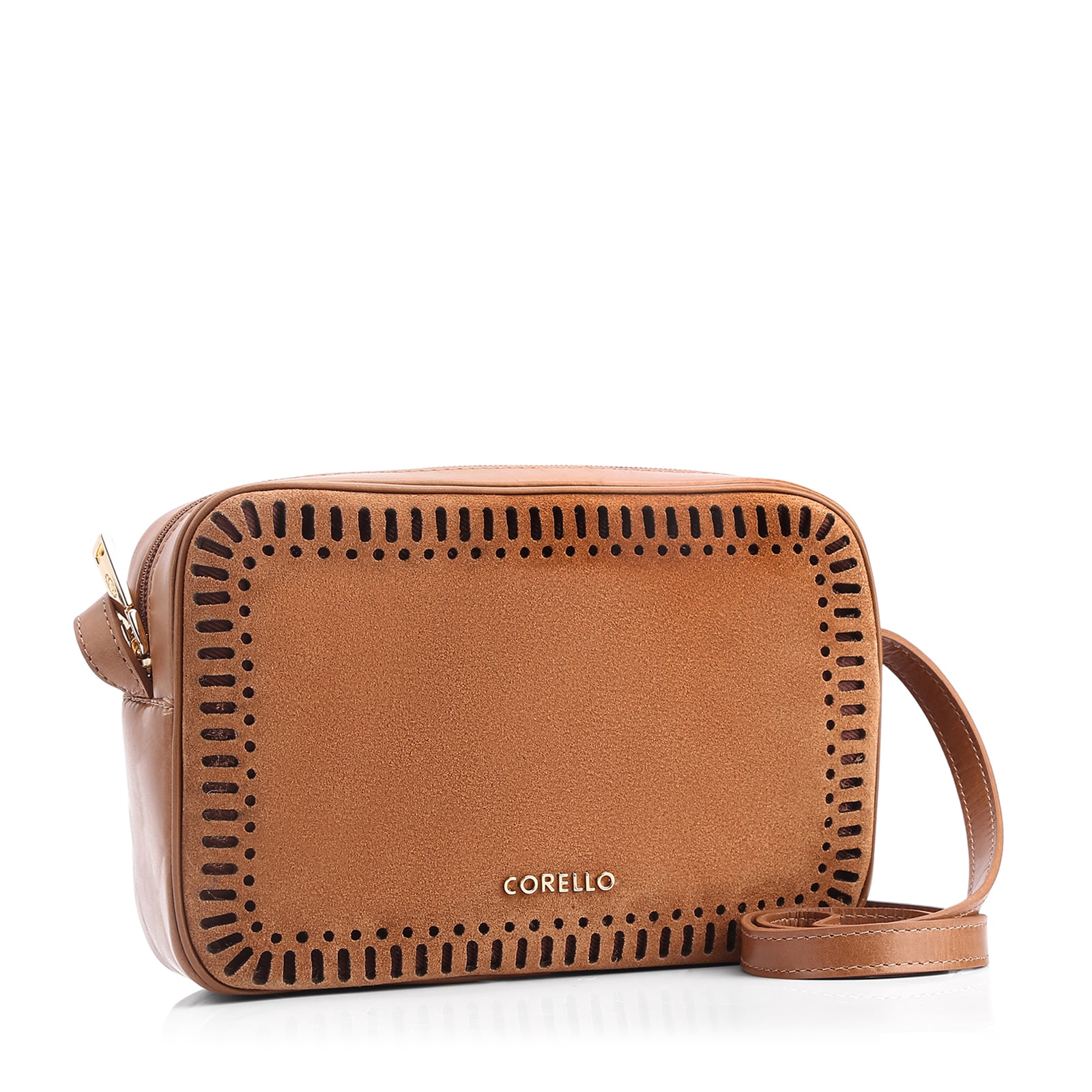 Bolsa Transversal Laser Cut Couro Camurça/Couro Marrom Claro