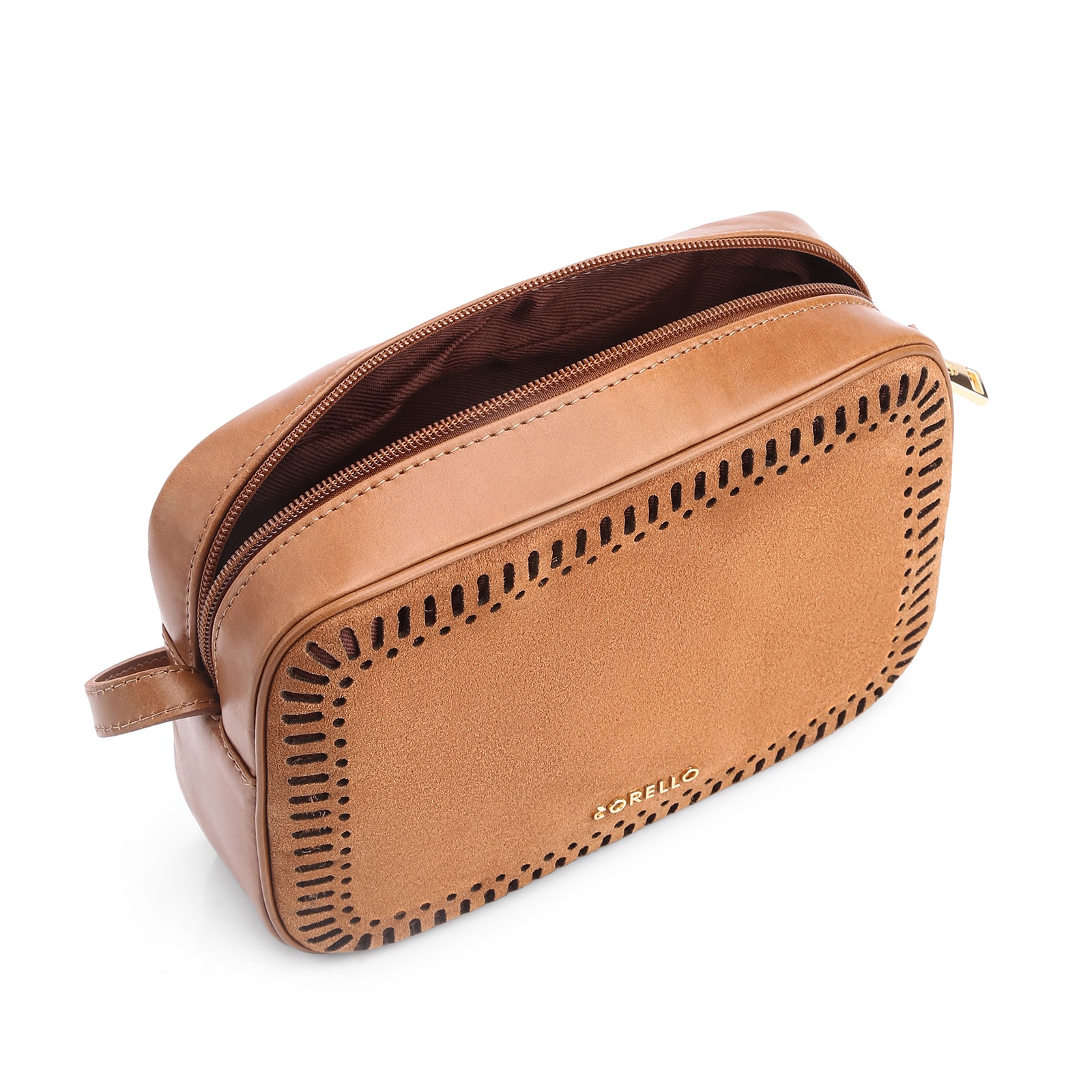 Bolsa Transversal Laser Cut Couro Camurça/Couro Marrom Claro