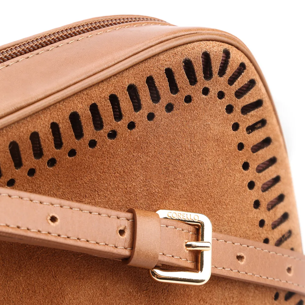 Bolsa Transversal Laser Cut Couro Camurça/Couro Marrom Claro - imagem 6