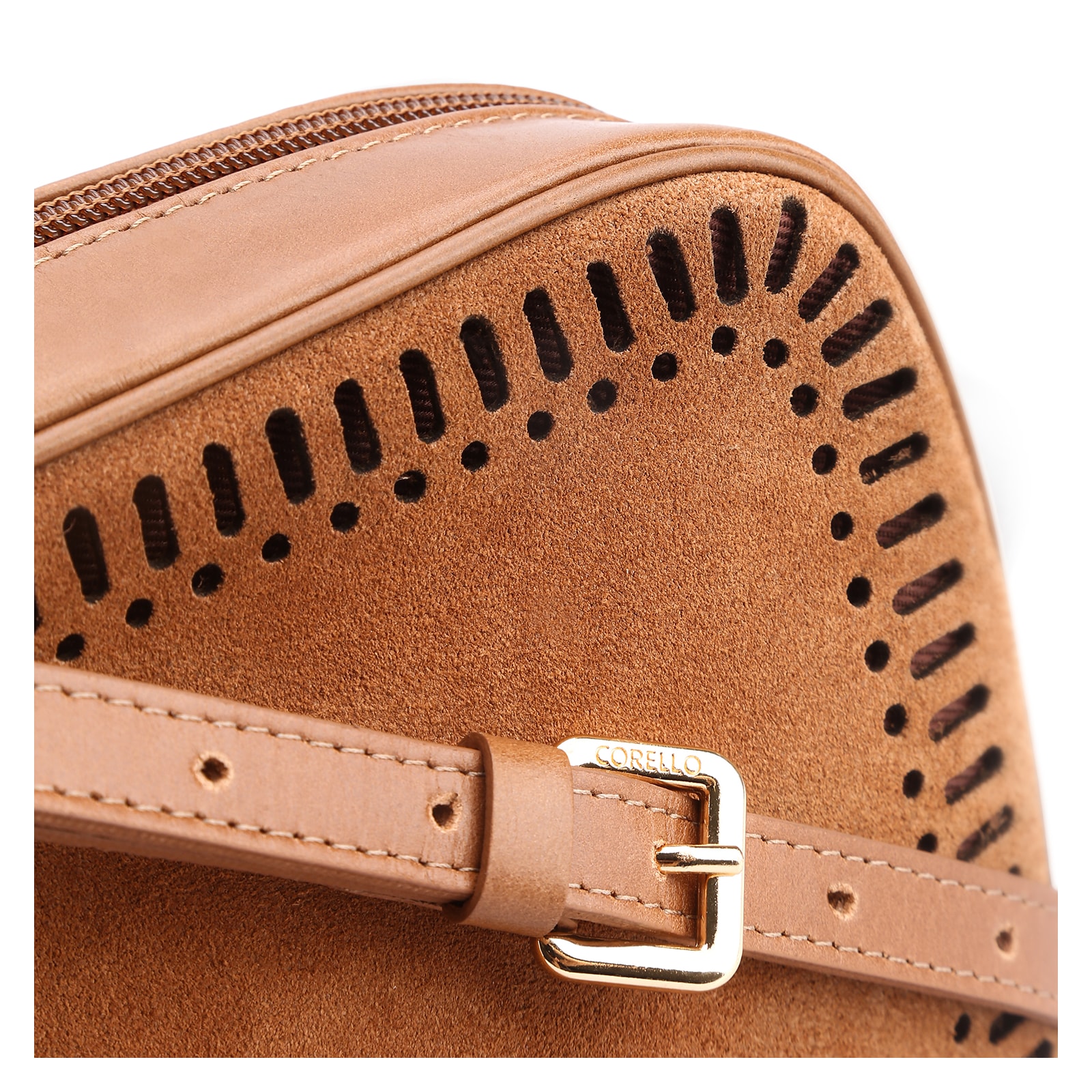 Bolsa Transversal Laser Cut Couro Camurça/Couro Marrom Claro