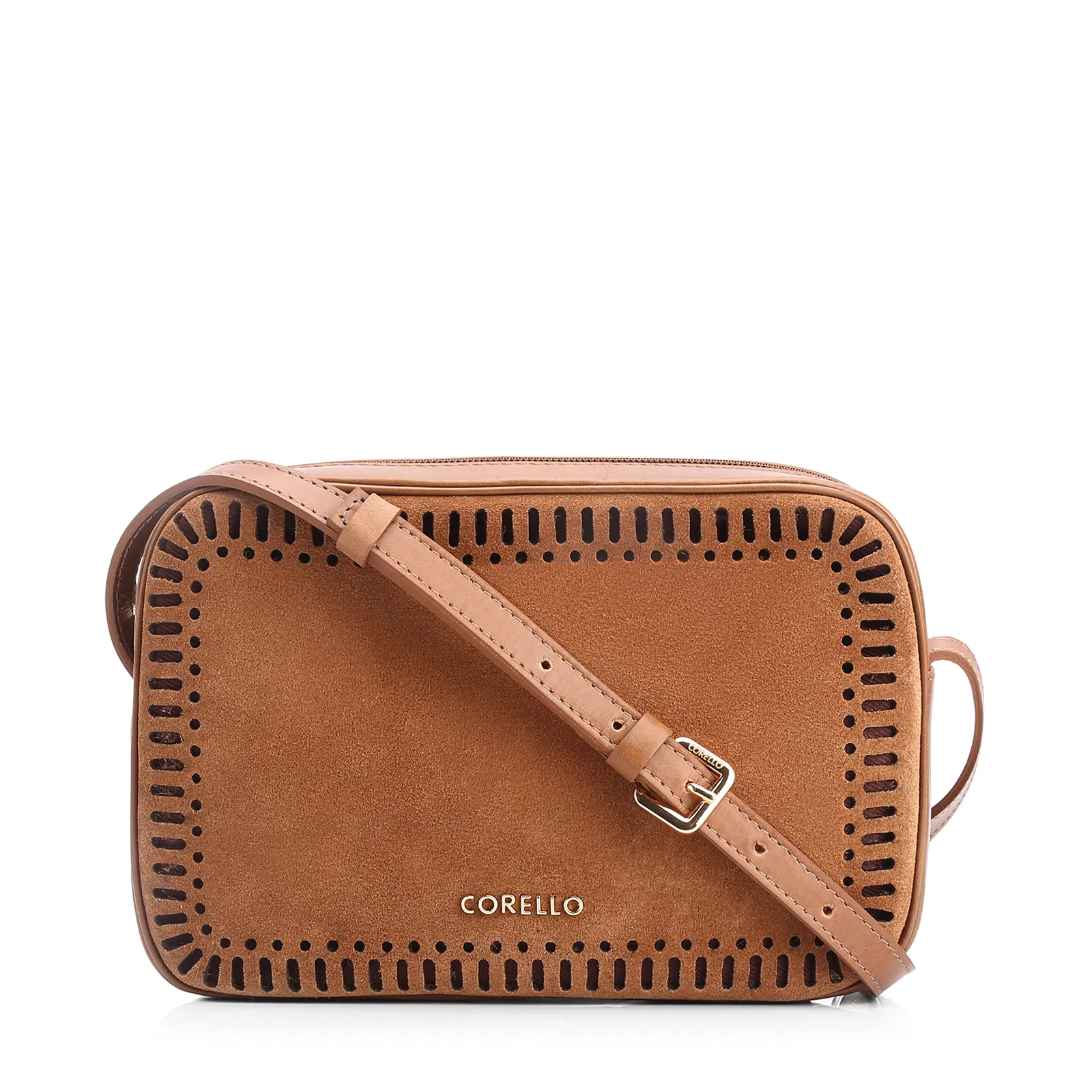 Bolsa Transversal Laser Cut Couro Camurça/Couro Marrom Claro