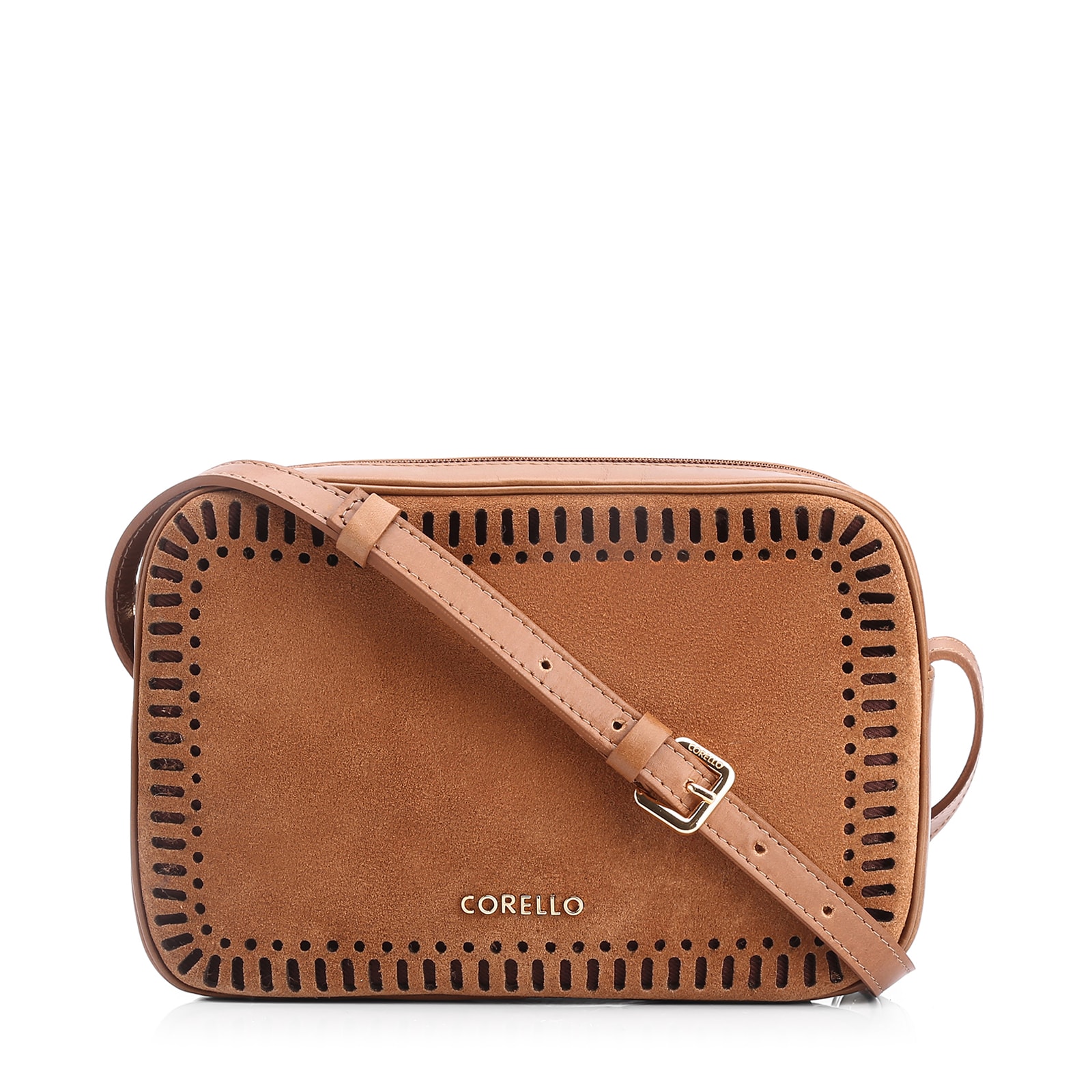 Bolsa Transversal Laser Cut Couro Camurça/Couro Marrom Claro