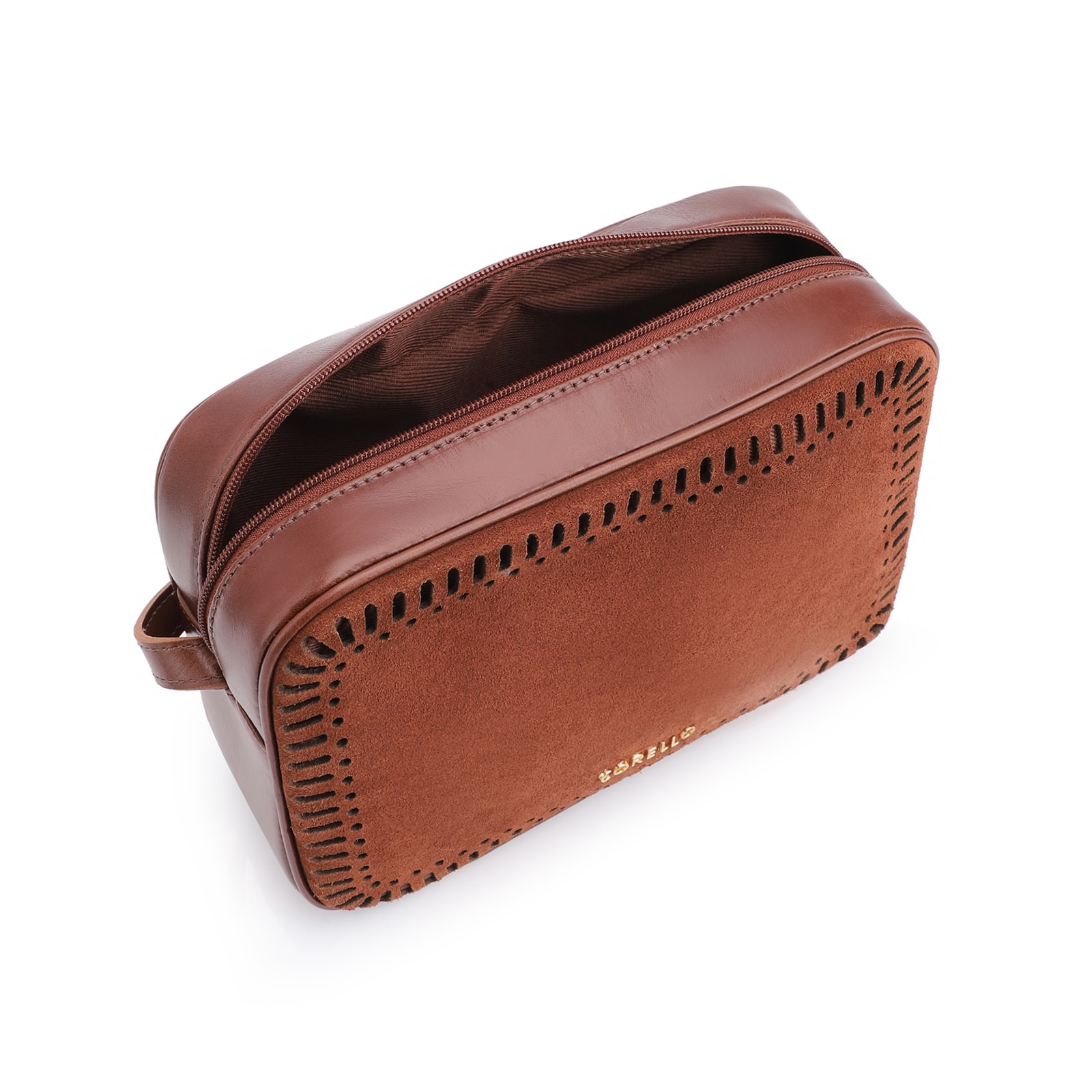 Bolsa Transversal Laser Cut Couro Camurça/Couro Marrom Escuro