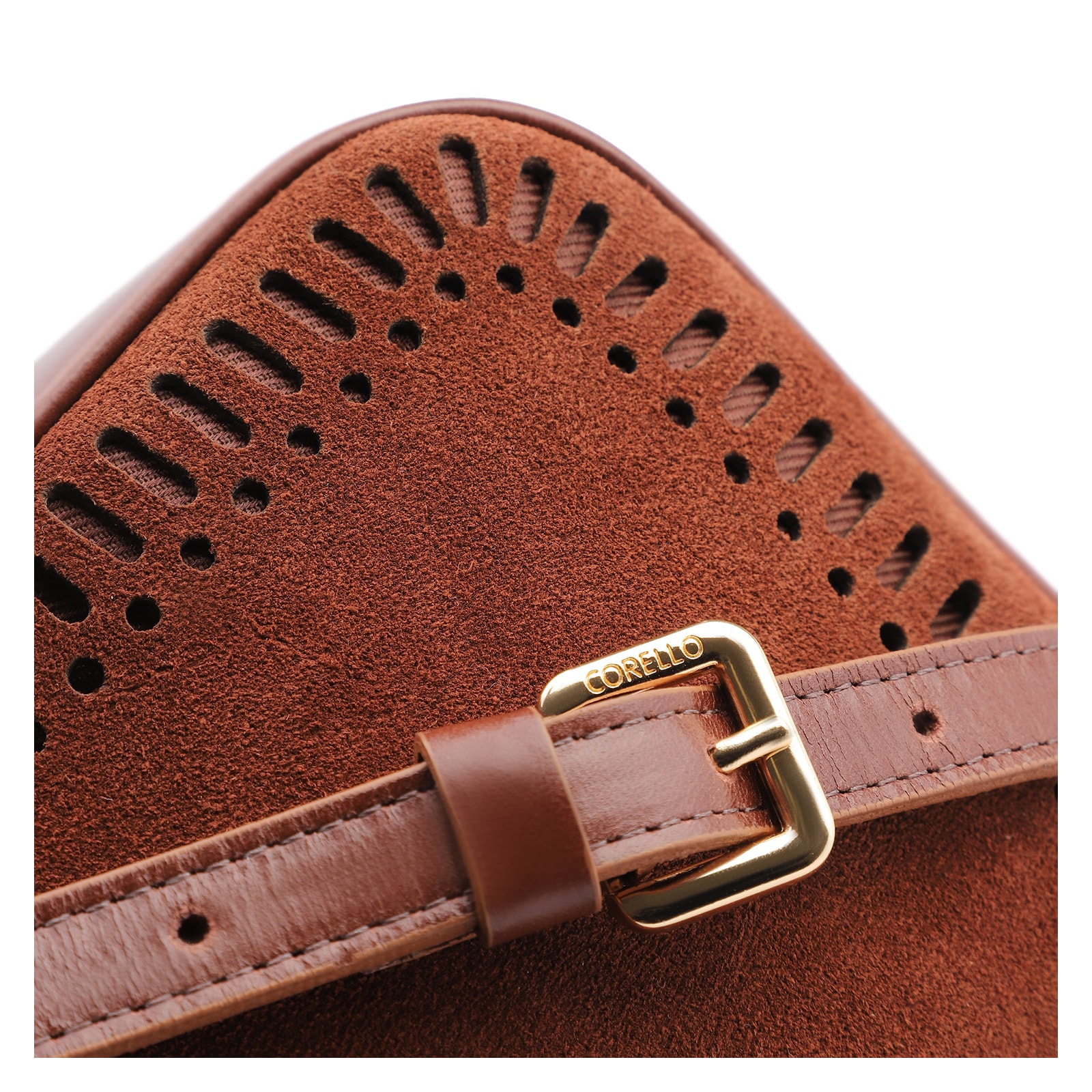 Bolsa Transversal Laser Cut Couro Camurça/Couro Marrom Escuro