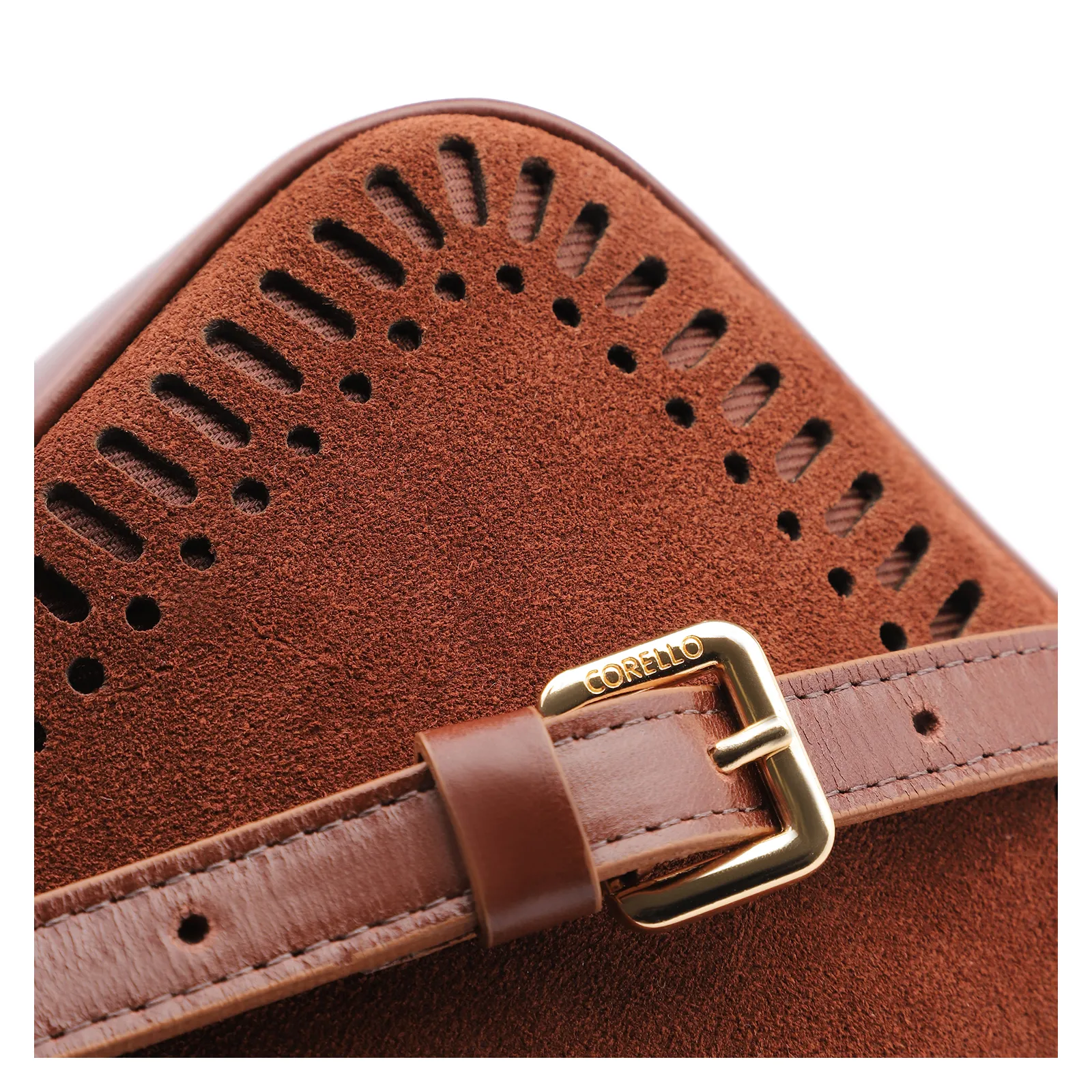 Bolsa Transversal Laser Cut Couro Camurça/Couro Marrom Escuro
