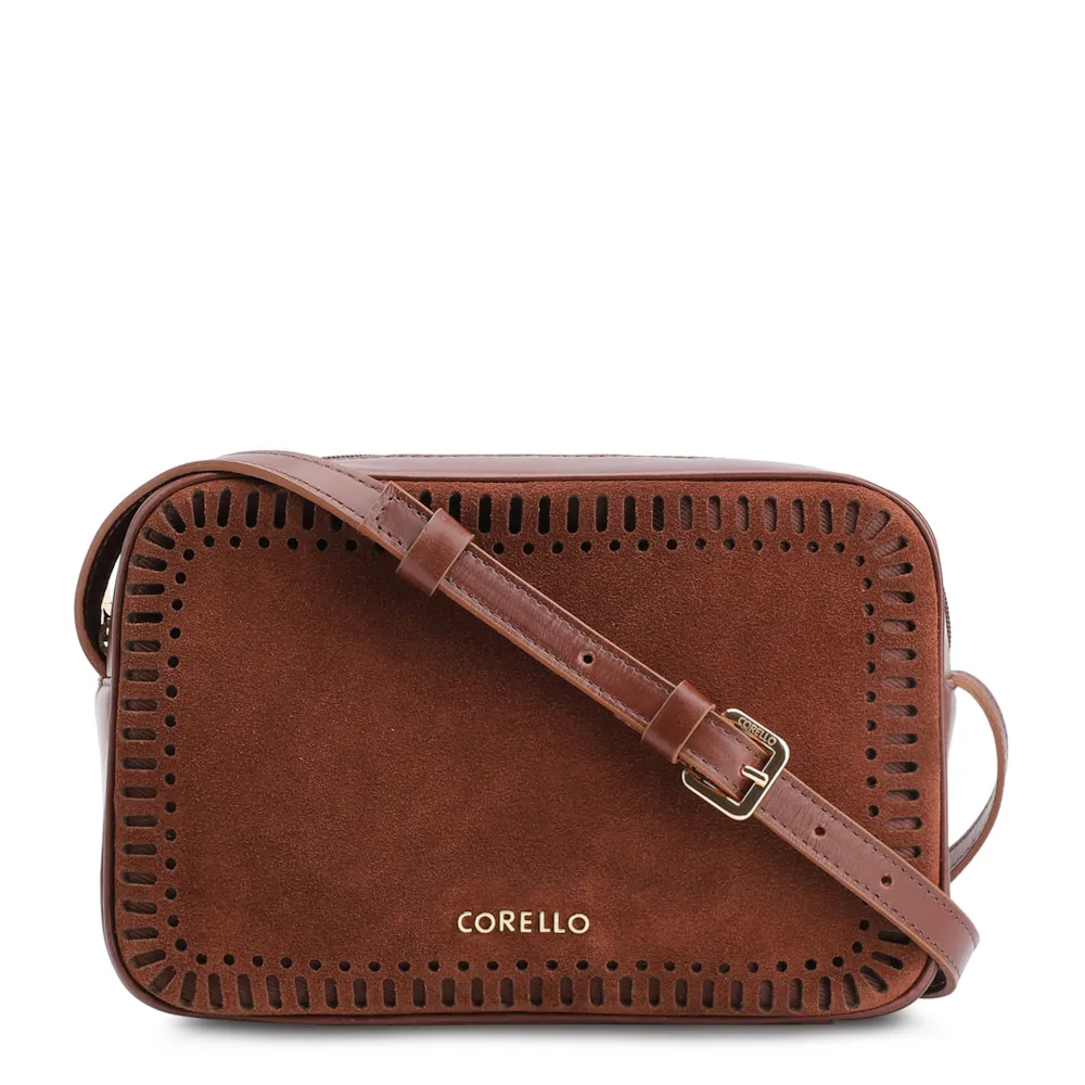 Bolsa Transversal Laser Cut Couro Camurça/Couro Marrom Escuro