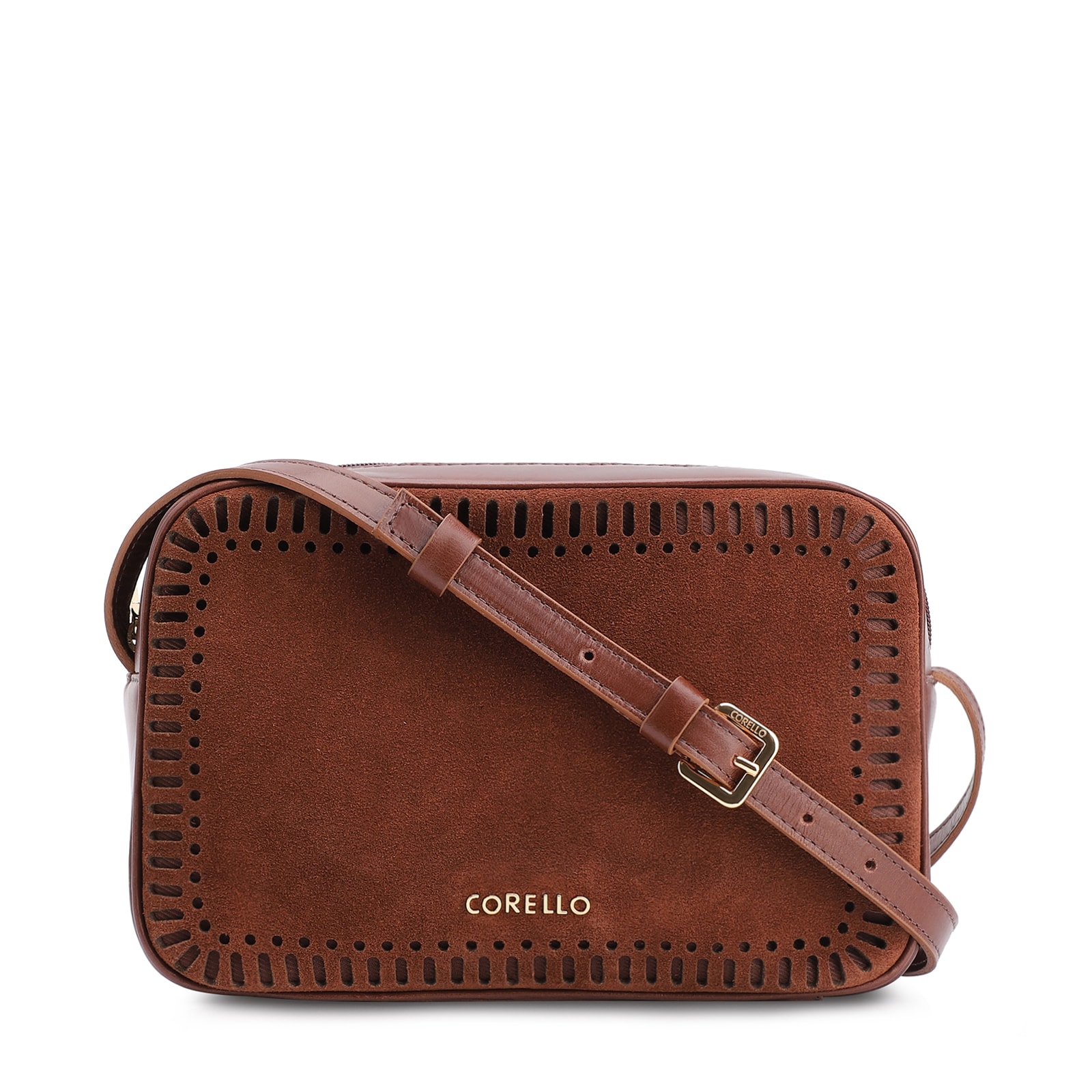 Bolsa Transversal Laser Cut Couro Camurça/Couro Marrom Escuro