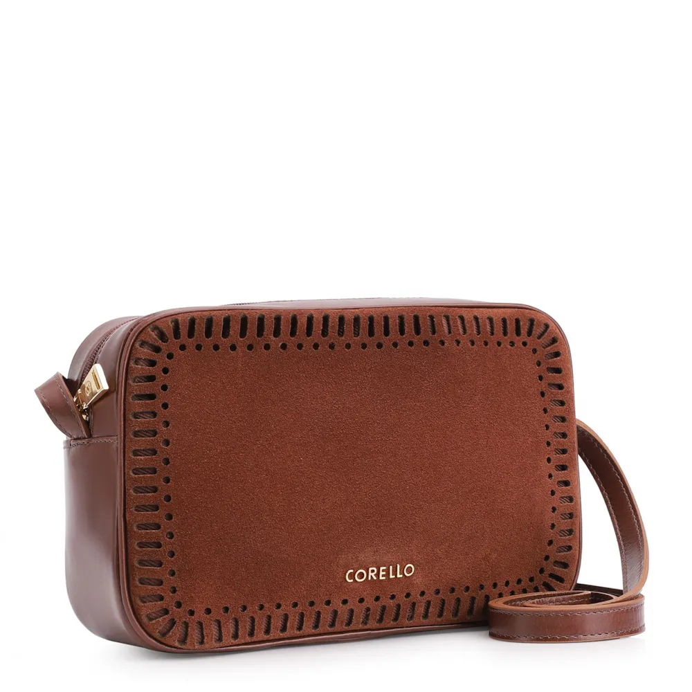 Bolsa Transversal Laser Cut Couro Camurça/Couro Marrom Escuro - imagem 2