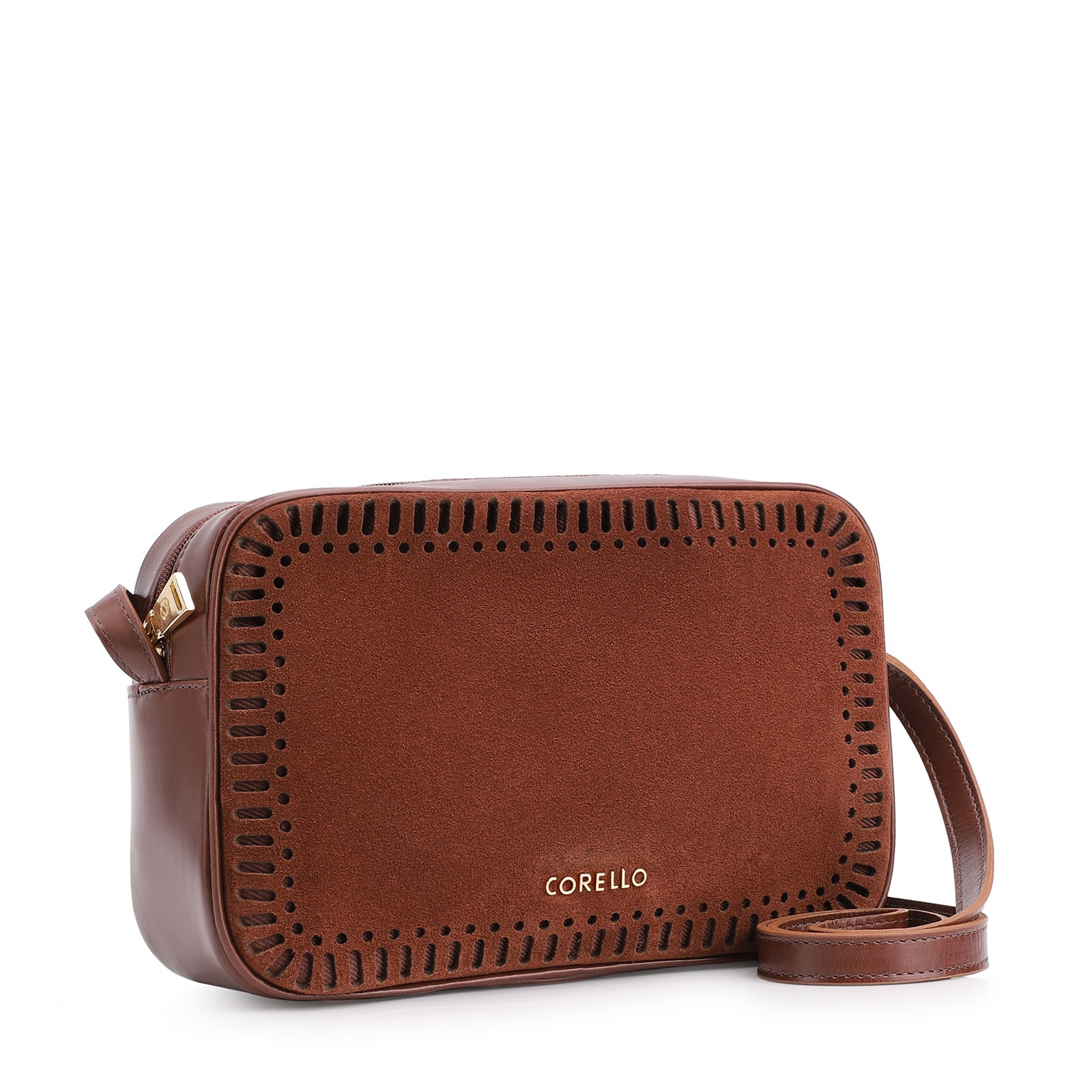 Bolsa Transversal Laser Cut Couro Camurça/Couro Marrom Escuro