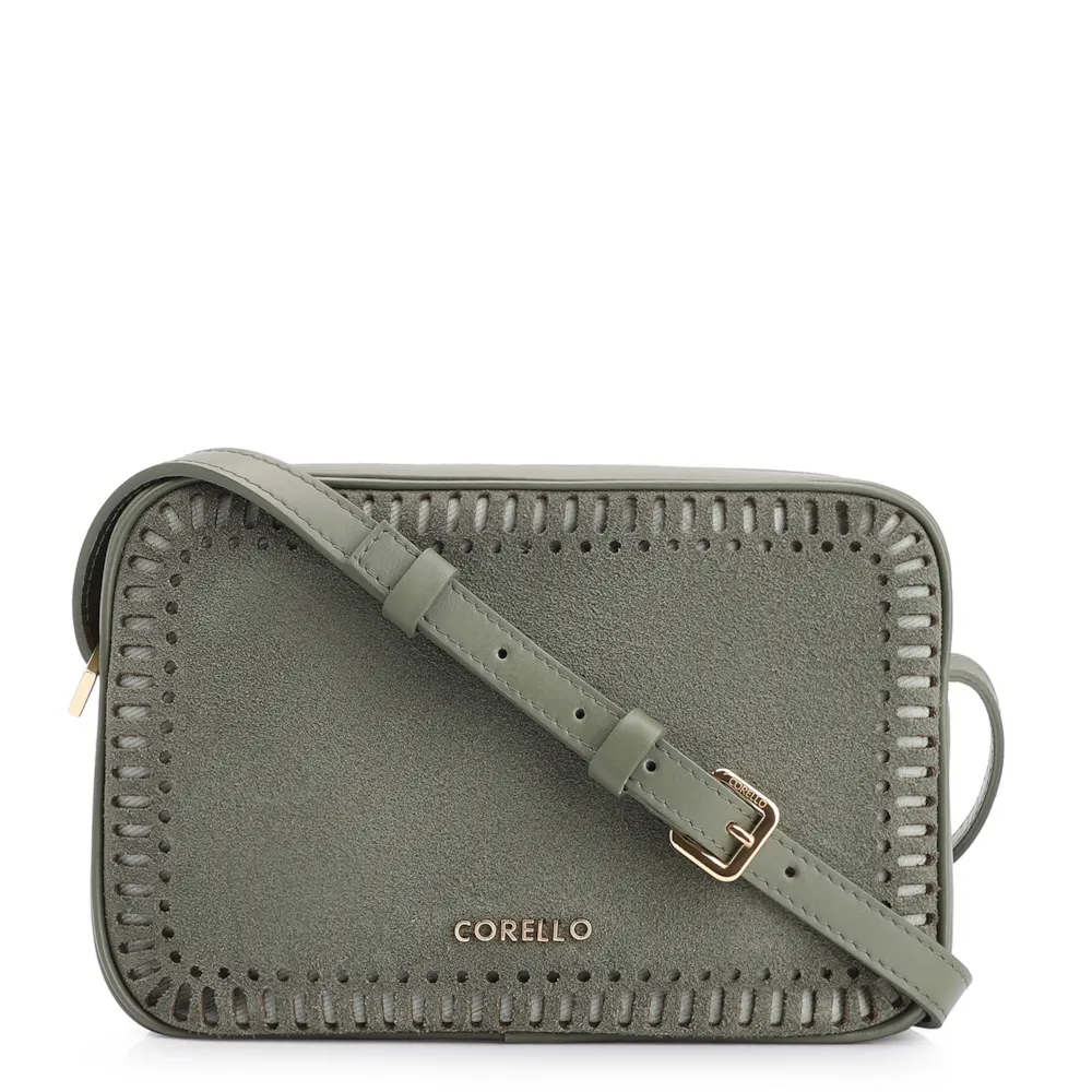 Bolsa Transversal Laser Cut Couro Camurça/Couro Verde
