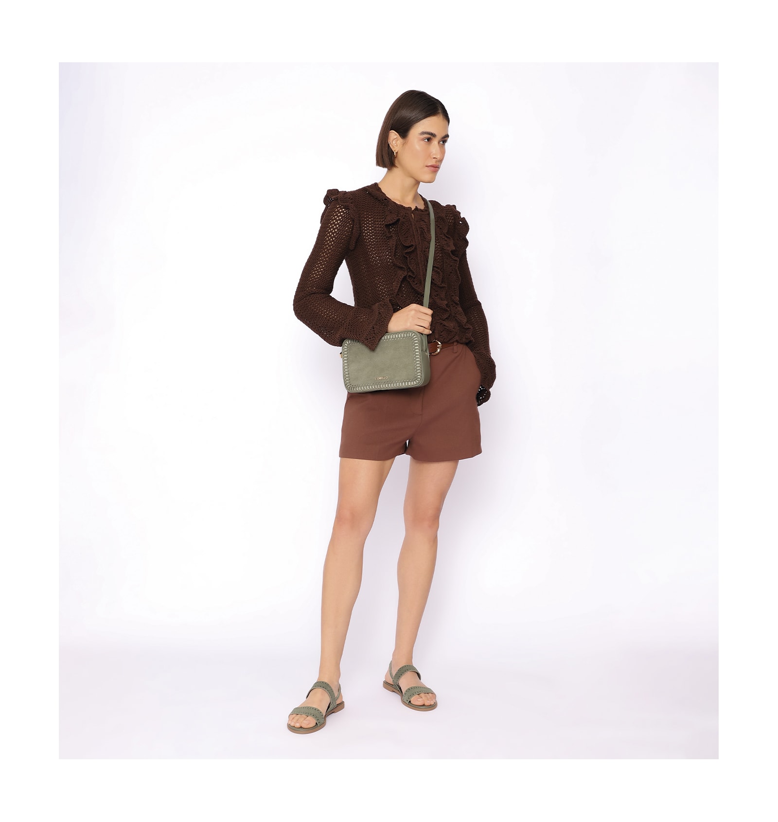 Bolsa Transversal Laser Cut Couro Camurça/Couro Verde