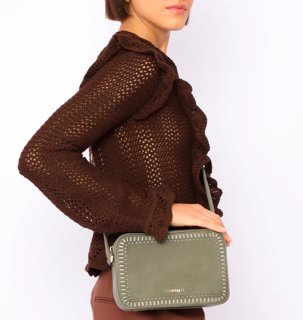 Bolsa Transversal Laser Cut Couro Camurça/Couro Verde - imagem 2