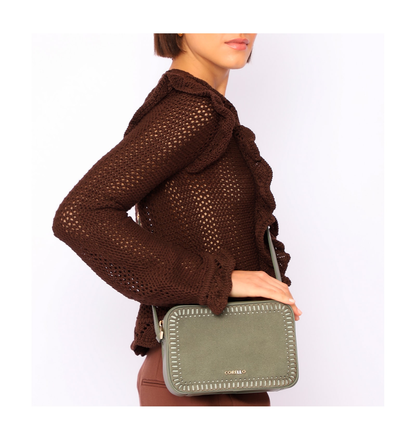 Bolsa Transversal Laser Cut Couro Camurça/Couro Verde