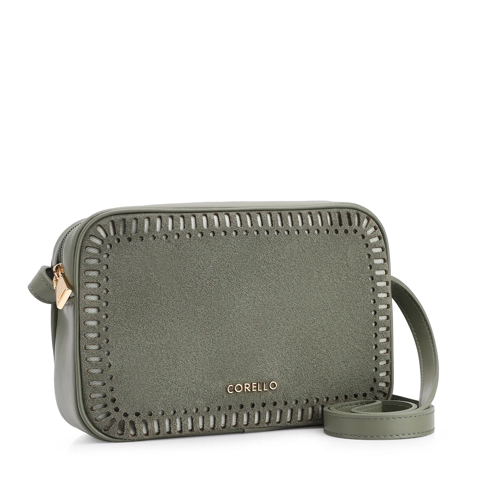 Bolsa Transversal Laser Cut Couro Camurça/Couro Verde