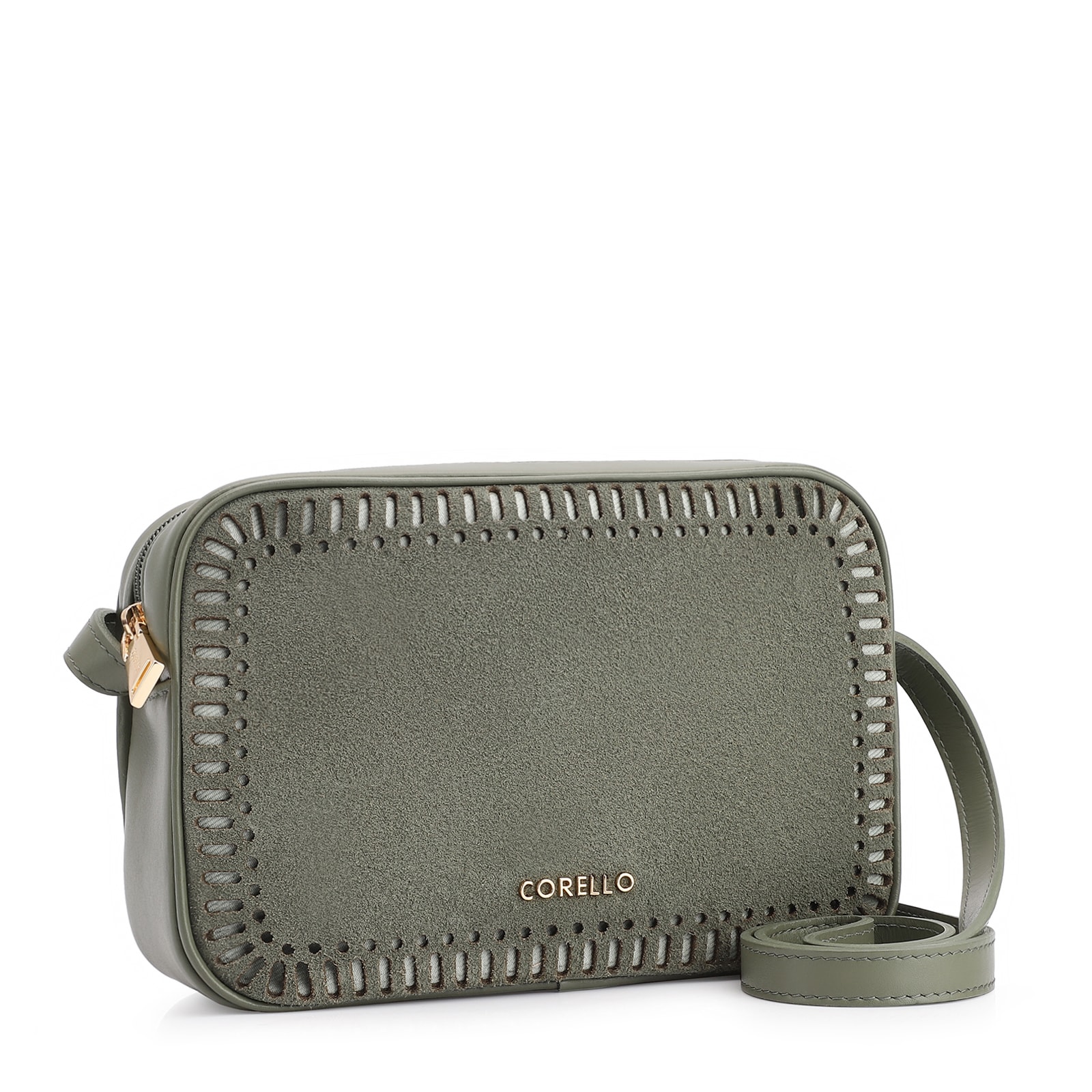 Bolsa Transversal Laser Cut Couro Camurça/Couro Verde