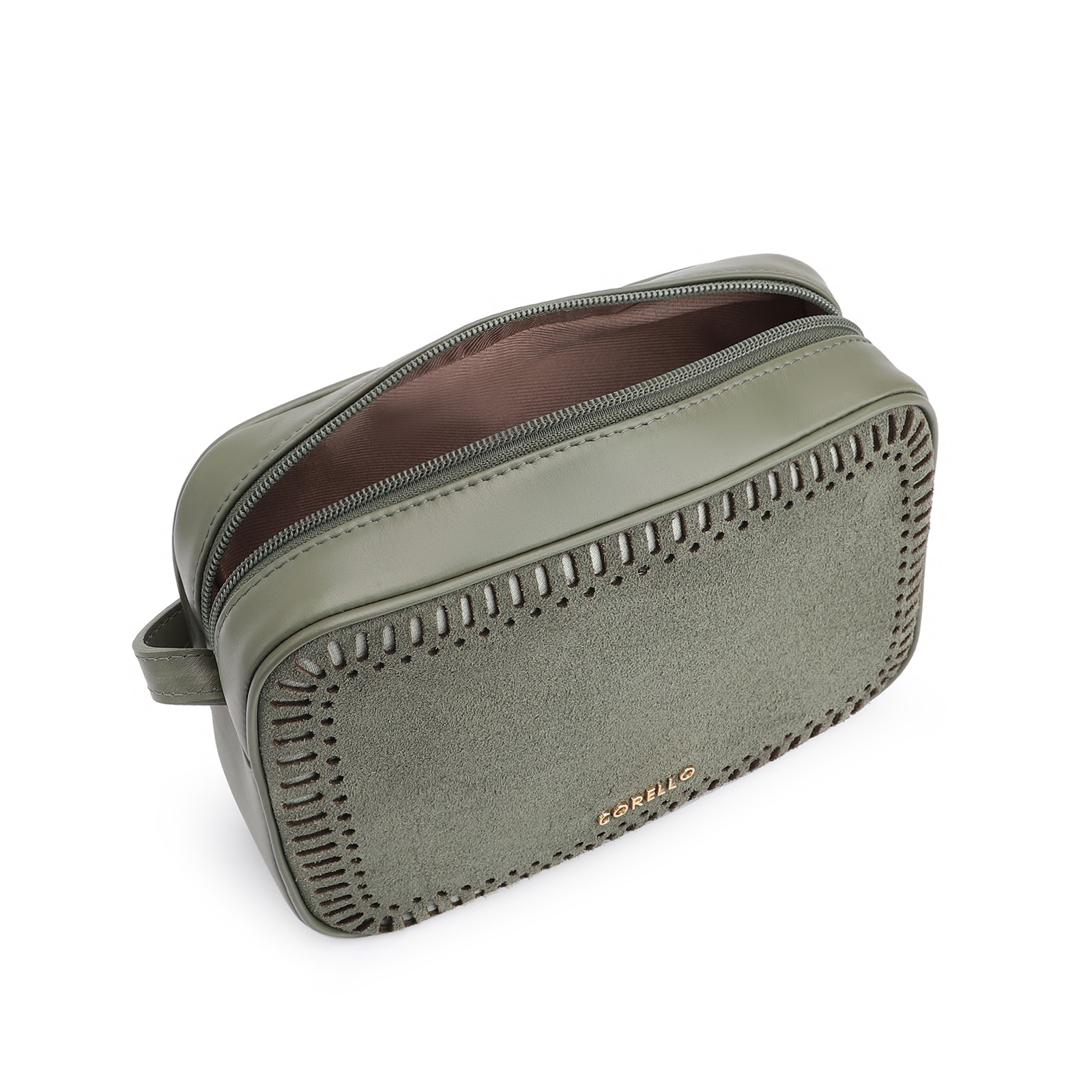 Bolsa Transversal Laser Cut Couro Camurça/Couro Verde