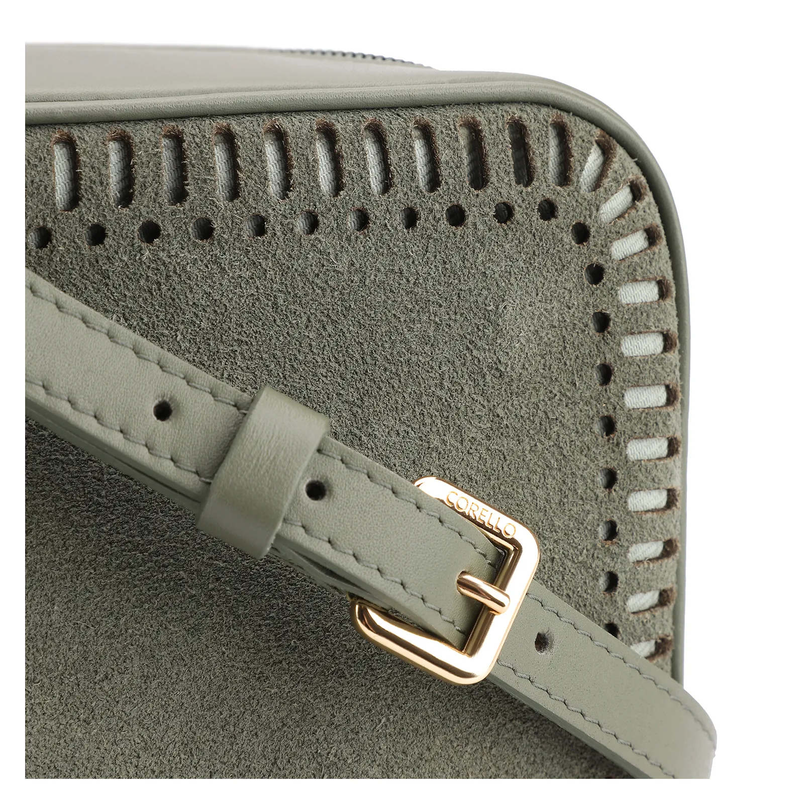 Bolsa Transversal Laser Cut Couro Camurça/Couro Verde