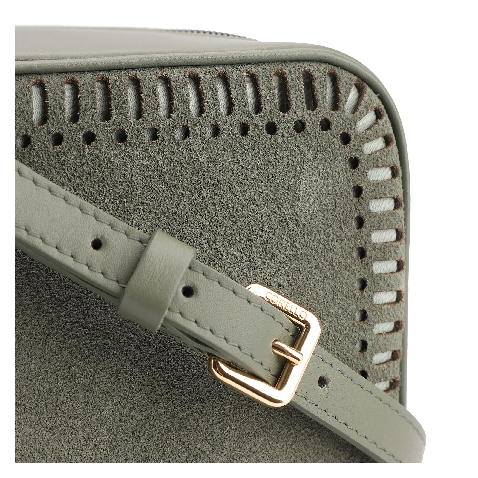 Bolsa Transversal Laser Cut Couro Camurça/Couro Verde