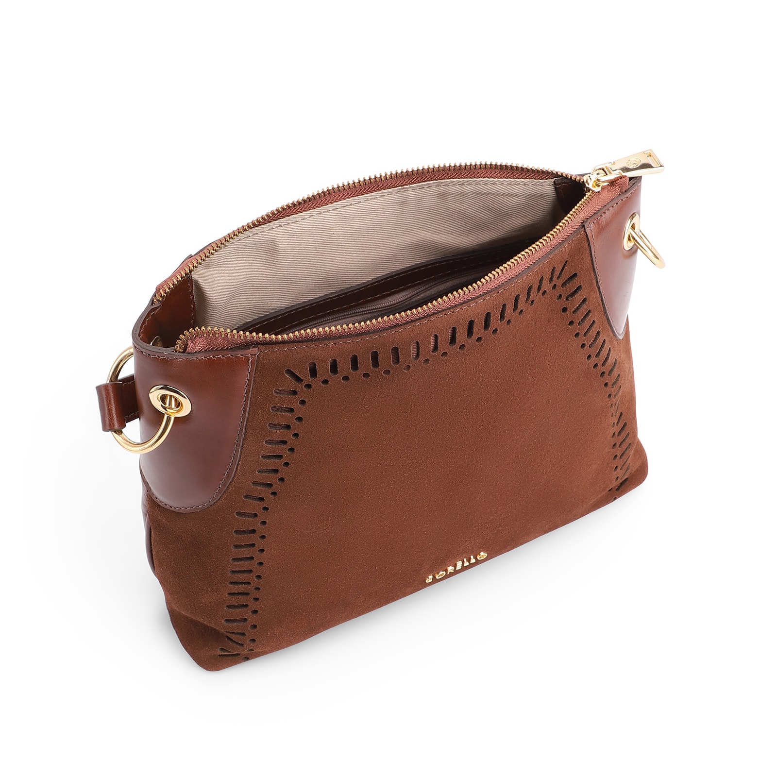 Bolsa Transversal Laser Cut Couro Camurça/Marrom