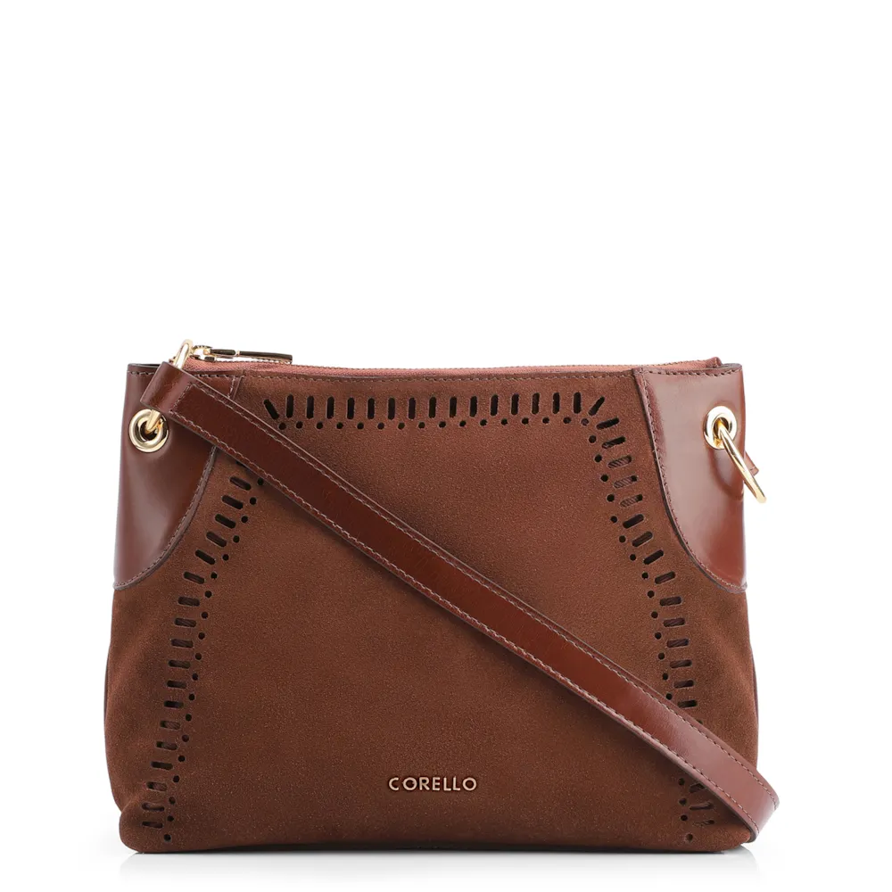 Bolsa Transversal Laser Cut Couro Camurça/Marrom