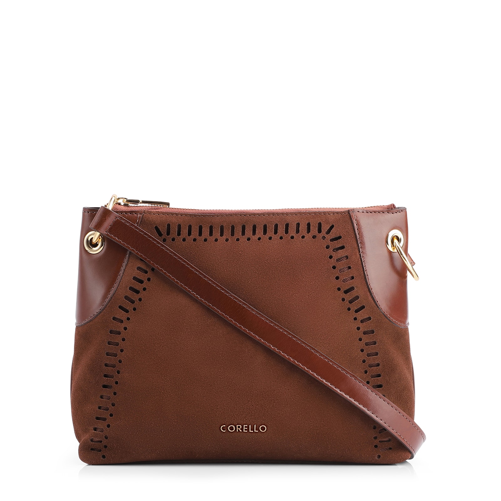 Bolsa Transversal Laser Cut Couro Camurça/Marrom