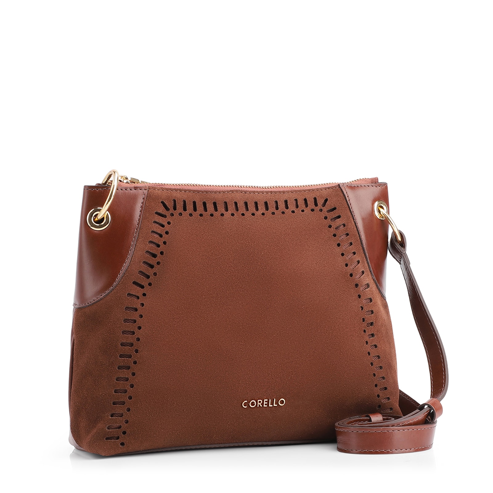 Bolsa Transversal Laser Cut Couro Camurça/Marrom