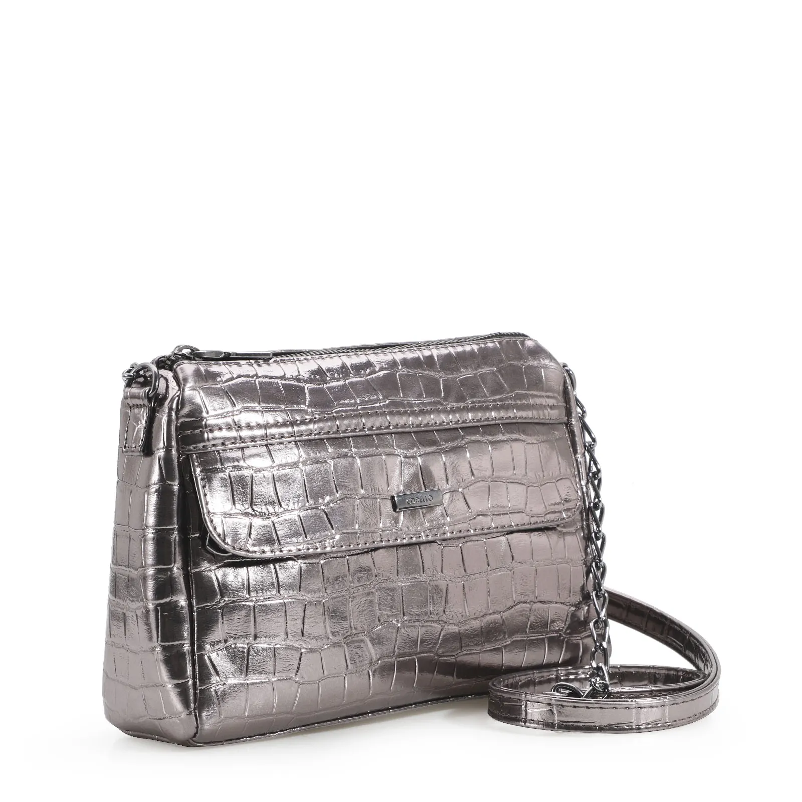 Bolsa Transversal Matelassê Croco Prata