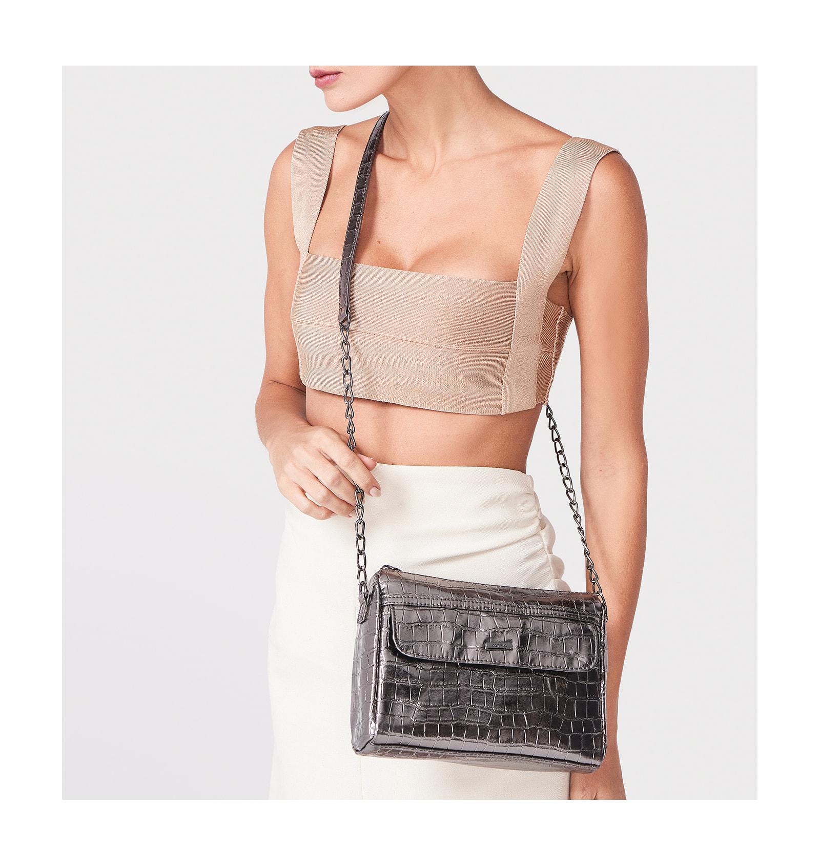 Bolsa Transversal Matelassê Croco Prata