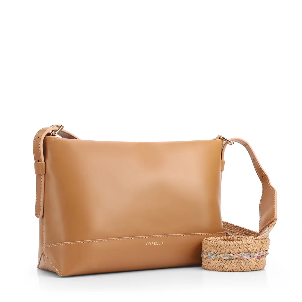 Bolsa Transversal Média Couro Marrom Claro Alça Ráfia - imagem 2