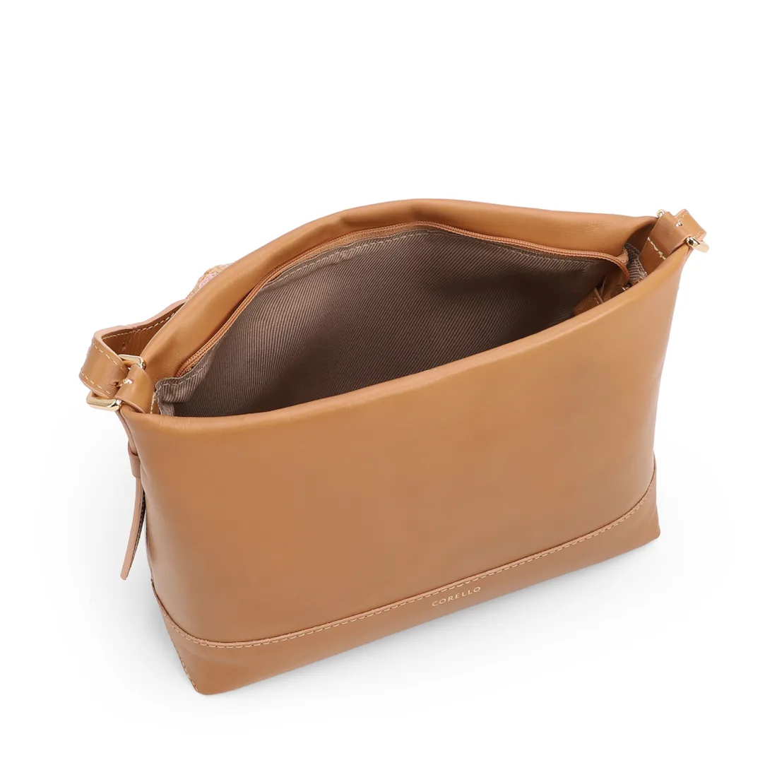 Bolsa Transversal Média Couro Marrom Claro Alça Ráfia Lenço - foto 4