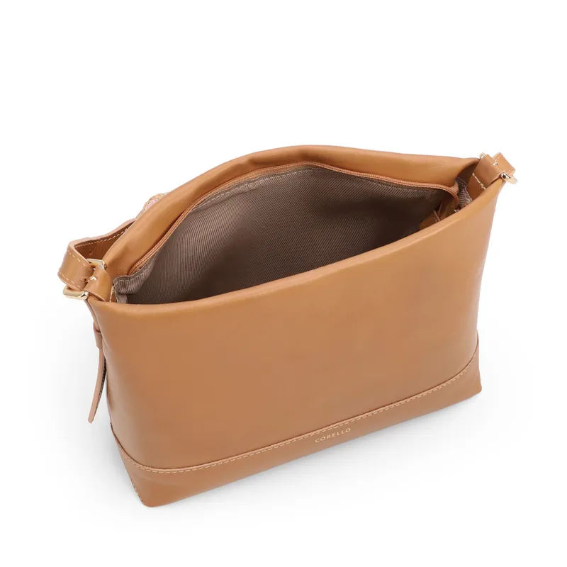 Bolsa Transversal Média Couro Marrom Claro Alça Ráfia Lenço - foto 4